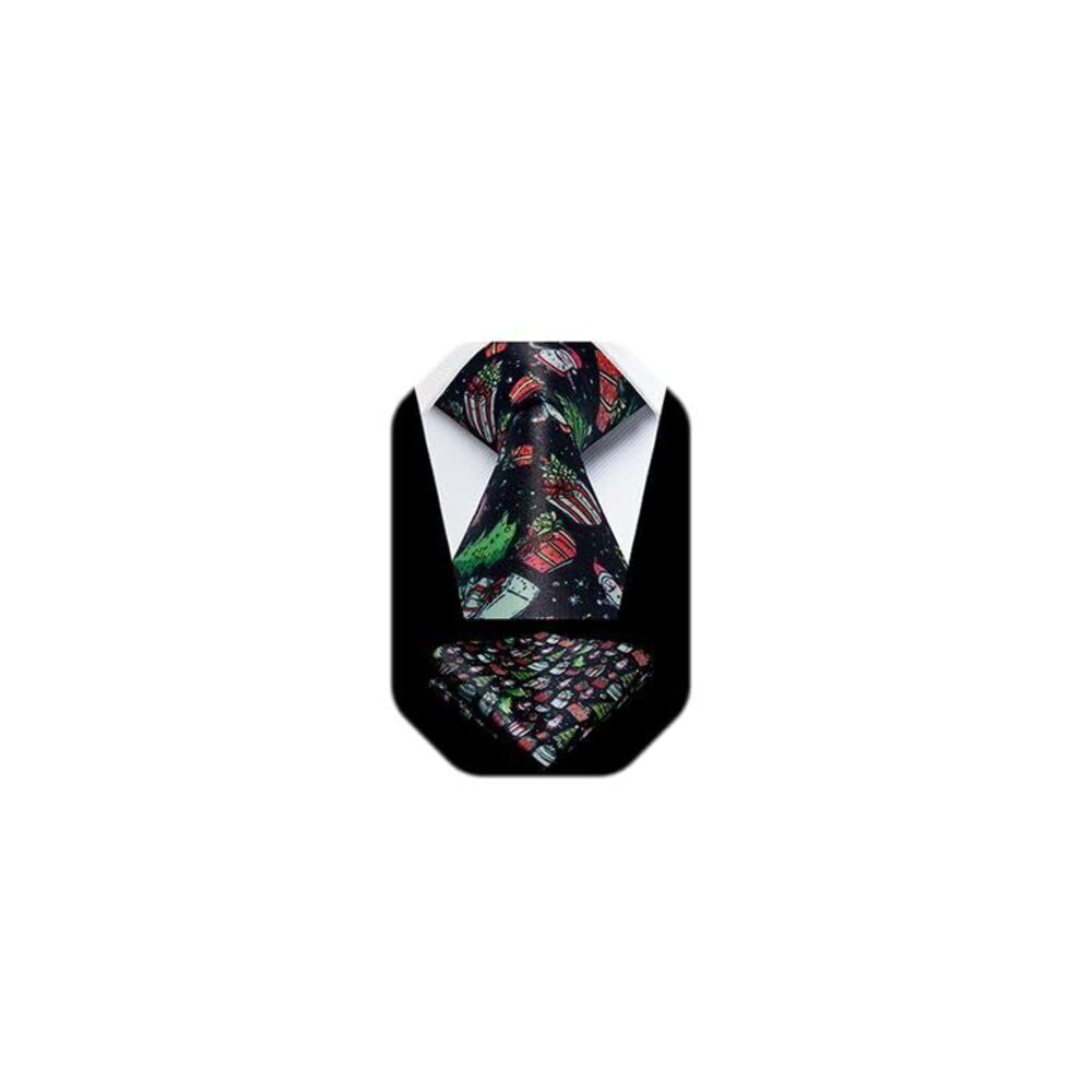 5456 Christmas Ties Necktie Silk Woven Black Tie and Pocket Square Funny